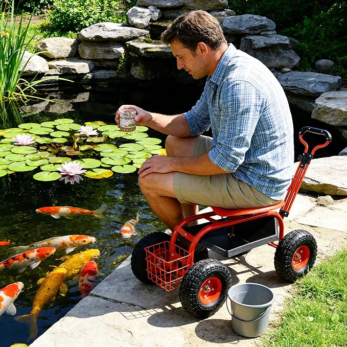 Garden Seat with Wheels Rolling Gardening Stool with 360° Swivel Seat for Seniors Rolling Trolley Stools with Steering Handle &amp Utility Tray for Backyard Lawn Outdoors