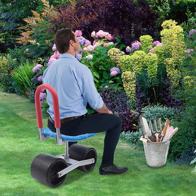 Garden Cart Rolling Stool with Wheels Stable Workseat Sturdy Cart Adjustable Seat Height and Direction Gardening Helper