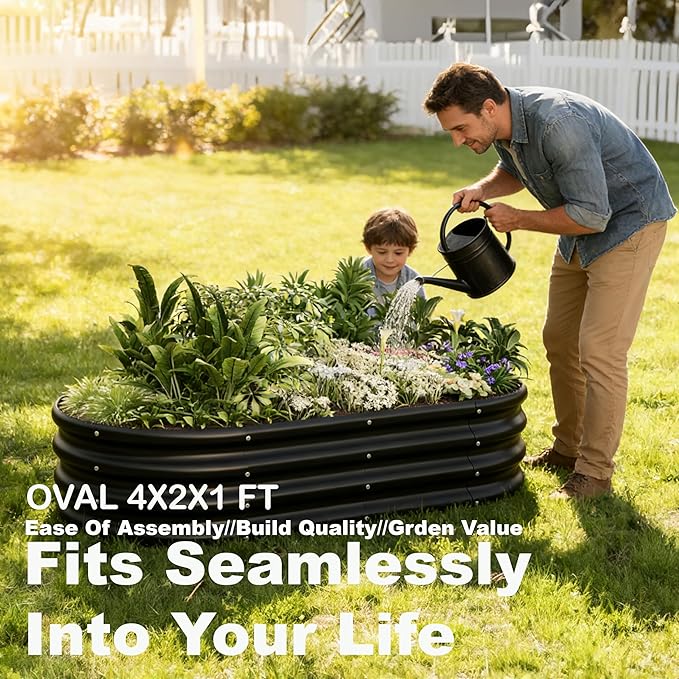 4x2x1ft-2pcs-Oval Raised Garden Bed Kit Galvanized Planter Garden Boxes Outdoor Metal Raised Garden Beds for VegetablesFruits FlowerBlack