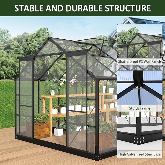 Pipleo Polycarbonate Greenhouses 8x16 FT Green House with 4 Adjustable Roof Vents Walk-in Aluminum Frame Greenhouse with Sliding Door