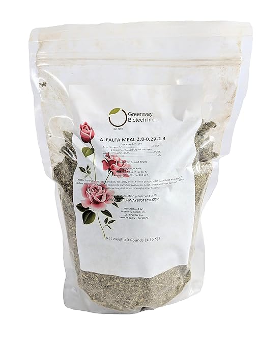 Greenway Biotech Alfalfa Meal 2.80-0.29-2.40- Rose Flower Plant &amp Vegetables Fertilizer with Essentials Minerals &amp Nitrogen- Ideal for Alkaline Plants-3 Pounds