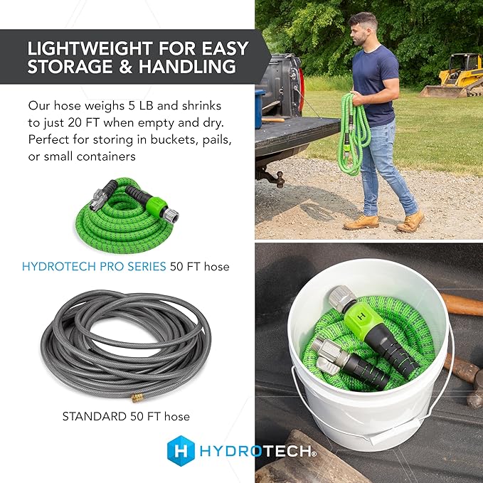 HydroTech 50 ft Expandable Garden Hose - Pro Series 2x Max Flow 3/4 No-Kink Flexibility Lightweight Hose for Lawn Garden Car Washing Deck and Patio Cleaning