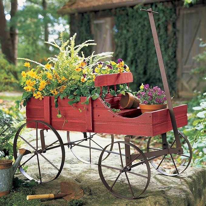 Collections Etc Amish Wagon Decorative Indoor/Outdoor Garden Backyard Planter Red