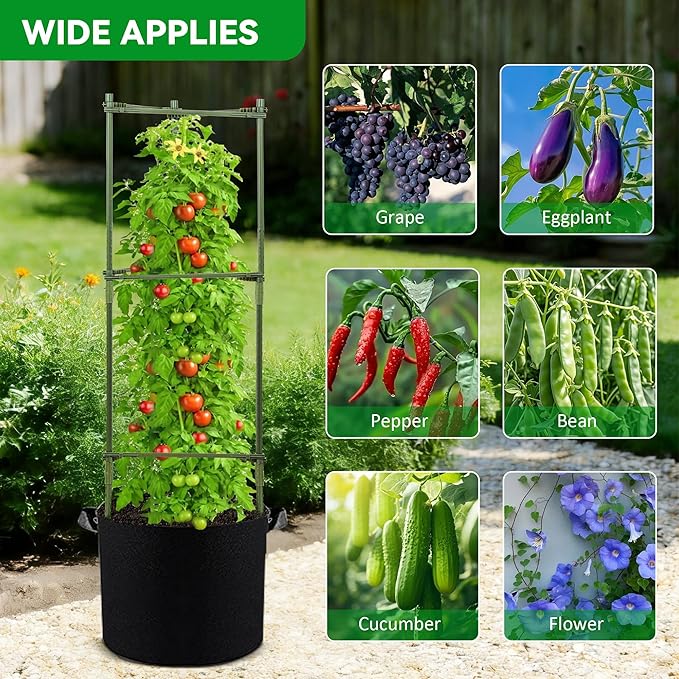 GENMOUS Tomato Cages with Grow Bags - 48 Inch Tomato Trellis for Raised Garden Bed 3-Pack Tomato Plant Support with 10 Gallon Plant Grow Bags Reusable and Height Adjustable