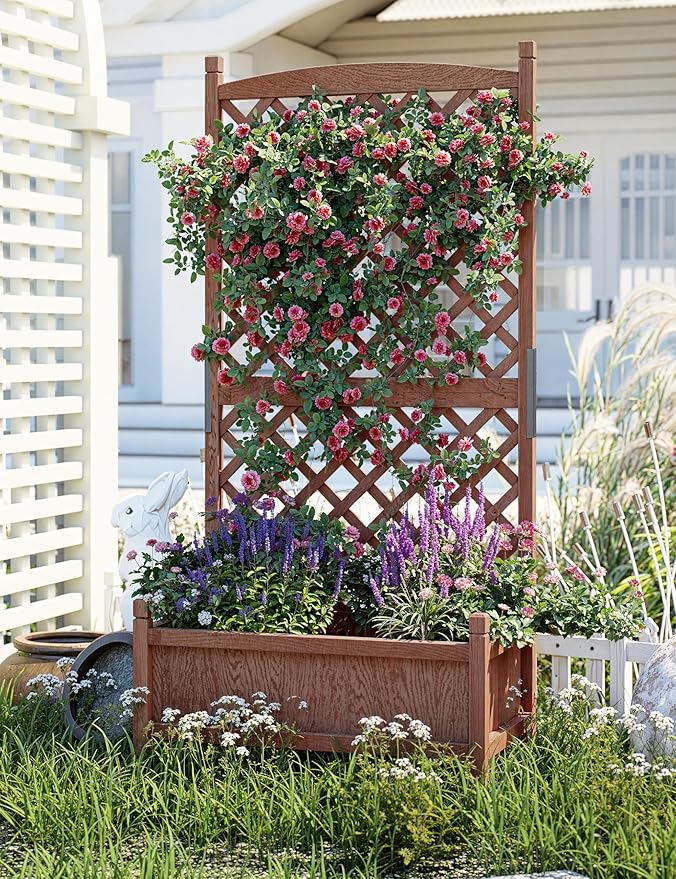 29.5x13x61.5 Inch Raised Garden Bed with Trellis &amp Wheels Standing Vertical Horticulture Planter Box for Climbing Plants Vegetables Planters with Drainage Holes 2 PC