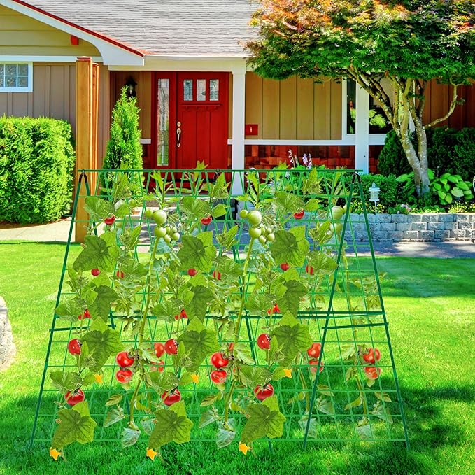 2 Packs 48 x 48 Foldable Cucumber Trellis for Raised Bed- A-Frame Garden Trellis for Climbing Plant Outdoor with Climbing Net &amp Plant Support Clip for Outdoor Plants Zucchini Vegetables Flowers