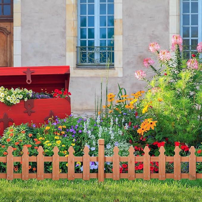 Topeakmart Wood Garden Fence Decorative Fence Patio Flower Garden Border Yard Border Garden Bed Pool Fences Outdoor Wood Edging Fencing Light Brown- 355 in