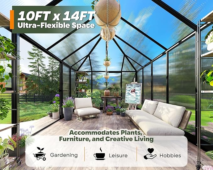14×9.7×10 FT Greenhouse for Outdoors with 6 ft Double Swing Door &amp 2 Vents Heavy Duty Green House with Aluminum Frame for Outside Patio Backyard Garden