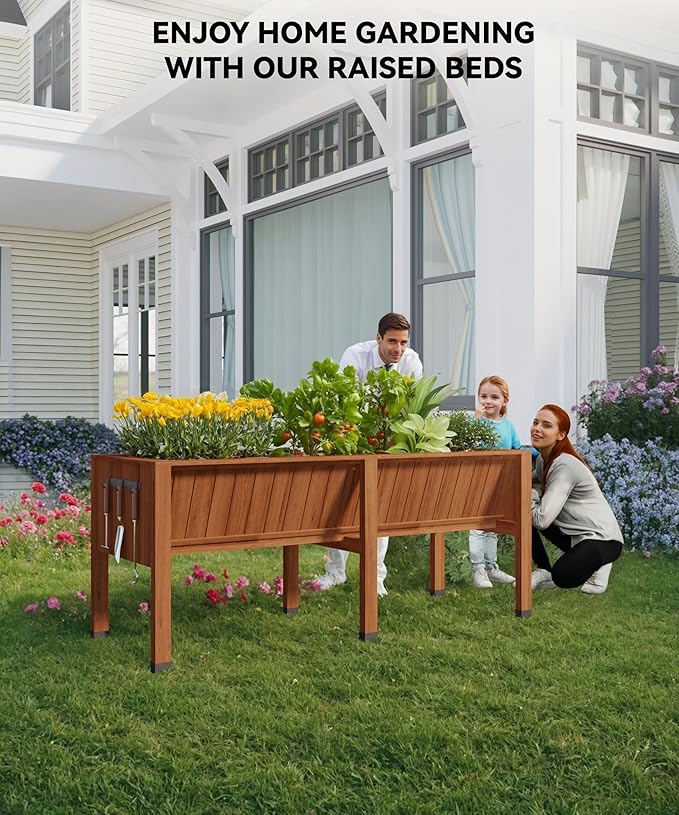 Elevated Wood Planter Box with Leg &amp HOOKS - 72x26x30 Inch Raised Garden Bed Includes Non-Woven Liner 13.7in Depth for Vegetables &amp Herbs Outdoor Patio Raised Planter. (6x2x2.5 Ft) Brown