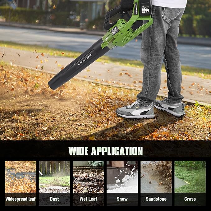 40V Cordless Leaf Blower 420CFM/120MPH Electric Leaf Blower with 2 * 2.0Ah Battery 5 Speed Levels &amp Trubo Mode Powerful Leaf blowers for Lawn CareYardBlowing Leaves Dust SnowGreen