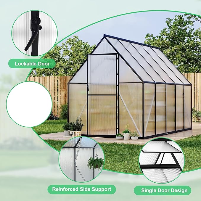 6x9 ft Greenhouse Aluminum-Framed Greenhouse for Outdoors Large Walk-in Green House with Quick Setup Structure and Roof Vent for Outside Garden Backyard Patio Lawn Silver