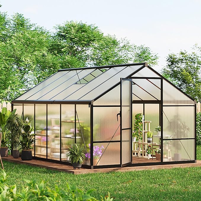8X12FT Outdoor Greenhouse Aluminum Polycarbonate House Green Houses for Outside with Sliding Doors Ajustable Roof Vent Withstands Bad Weather for Garden or Backyard Black