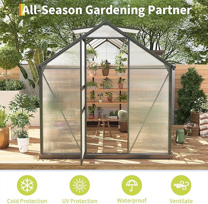 Large Greenhouse for Outdoors 6x10 FT Polycarbonate Green House with Roof Vent and Quick Setup Structure Aluminum Greenhouse Kit for Garden Backyard