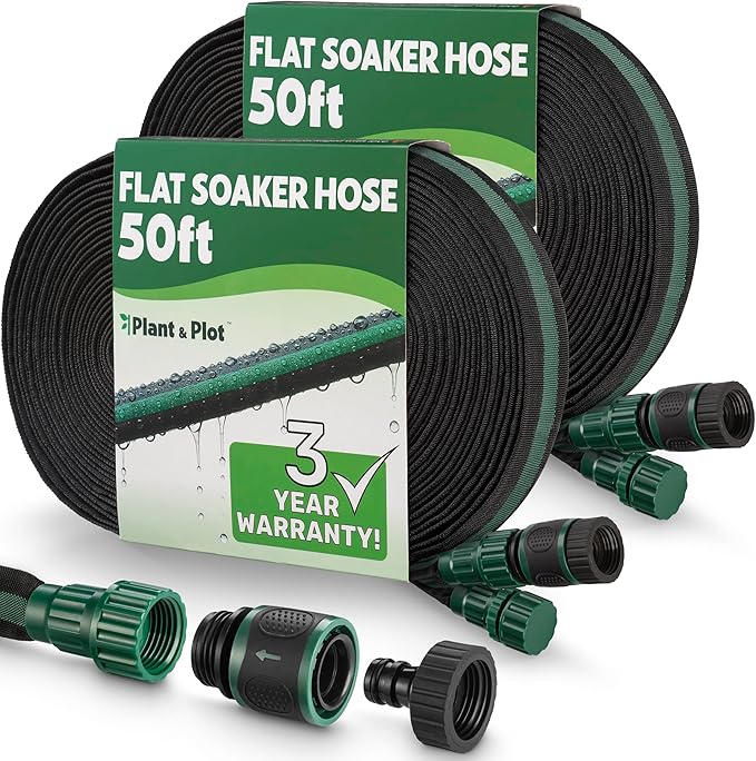 Flat Soaker Hose 100ft (50ft 2-Pack) for Garden // Drip Hose for Garden Beds Lawns and Trees // Heavy Duty Leakproof Design with Quick Connect // Linkable Irrigation System for Vegetables and Flowers
