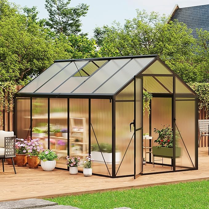 6 x 10 FT Greenhouse Outdoor Greenhouses Polycarbonate Panels with Aluminum Frame Adjustable Roof Vent and Lockable Door Green Houses for Outside Backyard Garden Patio