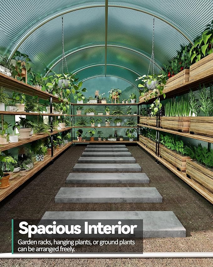 Walk-in Tunnel Greenhouse 6.5 x 15 x 6.5 FT Large Outdoor Greenhouse with Door &amp Vent Windows Heavy-Duty Frame and Green PE Cover for Backyard Gardening