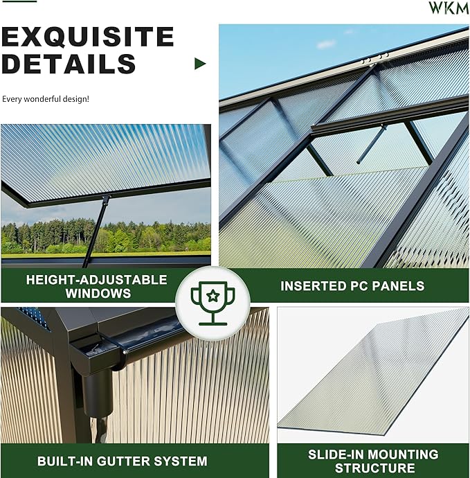 WKM Greenhouse for Outdoors 8x14 FT Walk-in Polycarbonate Greenhouse with Roof Vent and Quick Setup Structure Heavy Duty Aluminum Green House for Outsides Backyard Garden Black