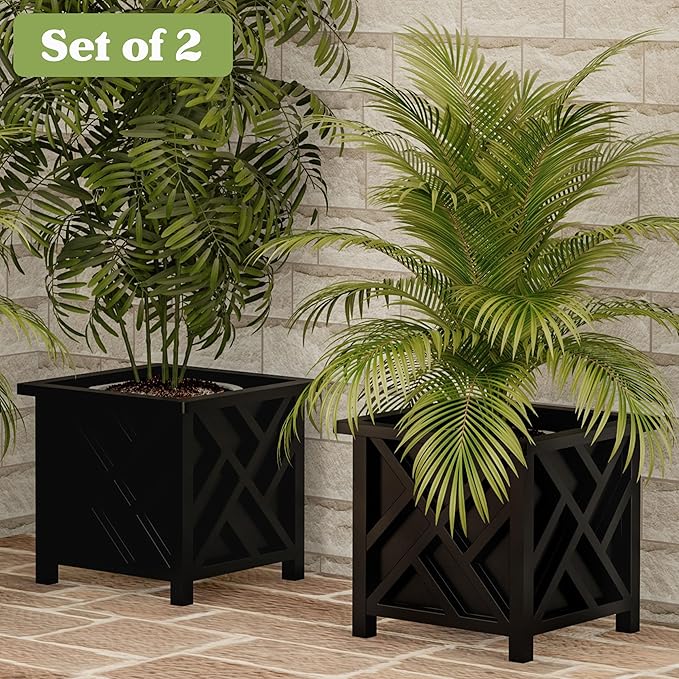 Lattice Design Planter Box 2-Pack – 14.75-Inch Decorative Outdoor Flower or Plant Pots – Front Porch Patio and Garden Decor by Pure Garden (Black)