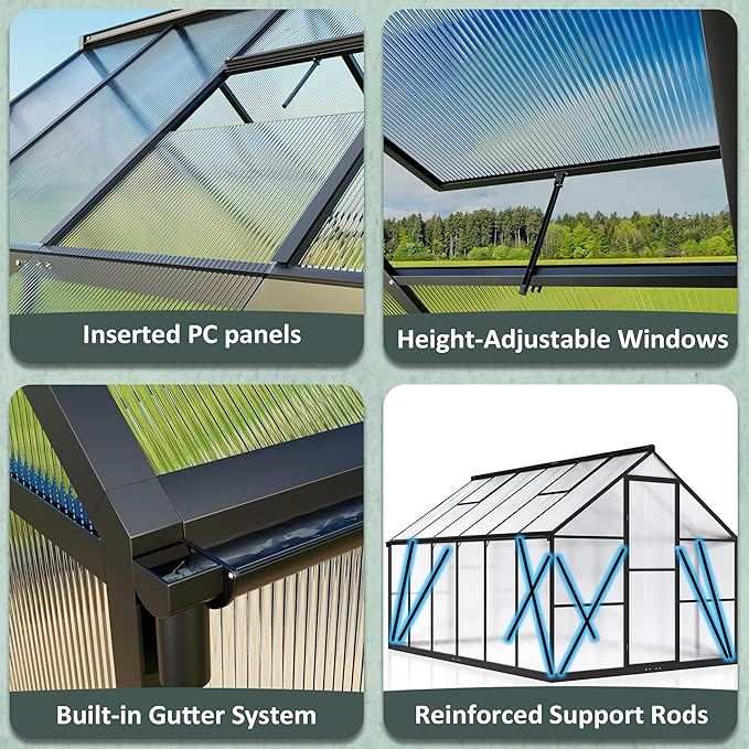 8x14 FT Green House for Outdoors Quick Setup Polycarbonate Greenhouse with Roof Vent Aluminum Large Walk-in Greenhouse for Outside Garden Backyard Black