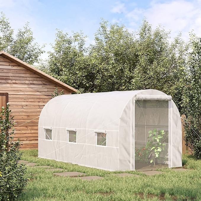 Outsunny 14.6' x 6.6' x 6.6' Walk-in Tunnel Greenhouse Large Garden Hot House Kit with 6 Roll-up Windows &amp Roll Up Door Steel Frame White