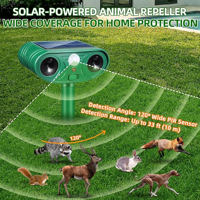 2026 Solar Animal Repellent Outdoor&ampCat Repellent Outdoor with Motion Deer Repellent Devices Ultrasonic Cat Deterrent Fox Raccoon Squirrel Rabbit Coyote Deterrent for Farm Orchard Garden 4 PCS