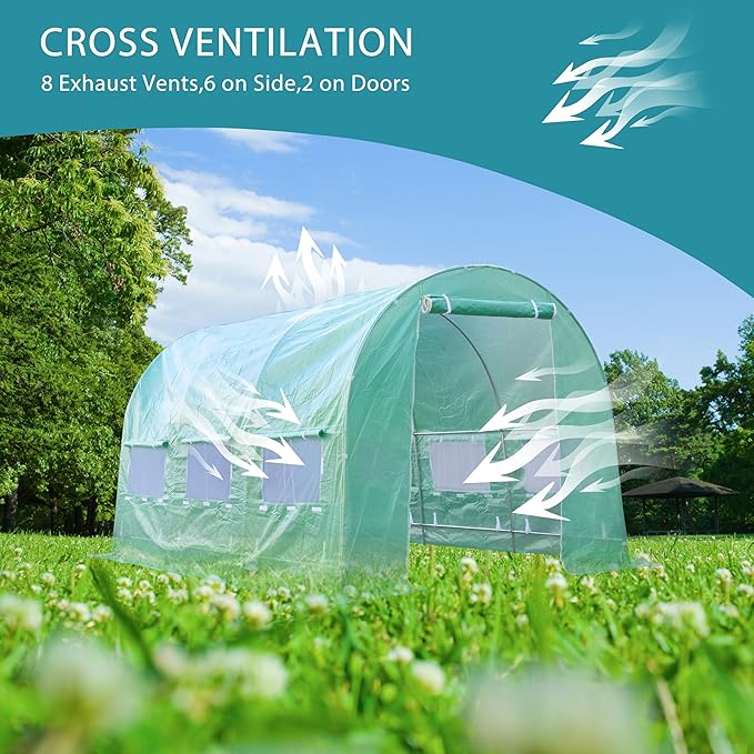 Replacement Cover for Portable Greenhouse Large Walk-in Green Hot Garden House Top Tarp 2 Zippered Doors Green 6 Roll-up Windows (Frame Does NOT Included) (12 x 7 x 6.7 ft)