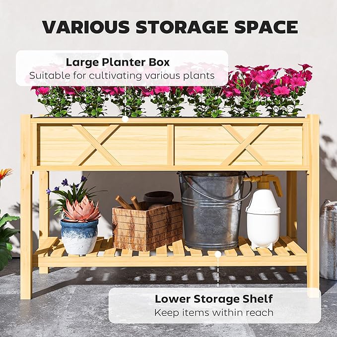 Outsunny Raised Garden Bed Elevated Wood Planter Box with Storage Shelf Drainage Holes and Liner for Backyard Patio Balcony 47 x 22 x 31.5 in Natural