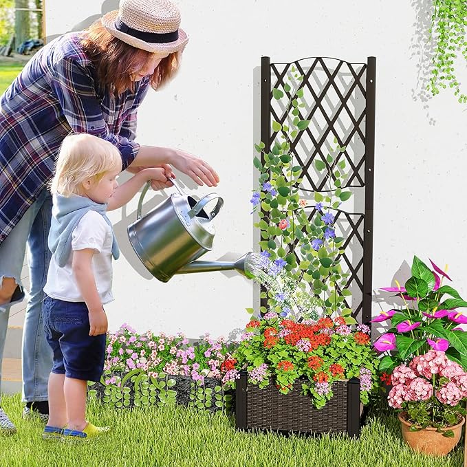 Giantex Raised Garden Bed with Trellis Garden Planter for Vine Climbing Plant Vegetable Herb Flower Outdoor Standing Garden Bed with Drainage Hole for Yard Balcony Entryway 16x16x 48