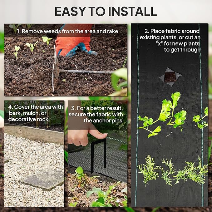47.9inWx3600inD 140gsm Clean-Install Woven Weed Barrier – Black Pre-Marked Rows No-Slip Texture Edge-Stable Quick-Lay Design