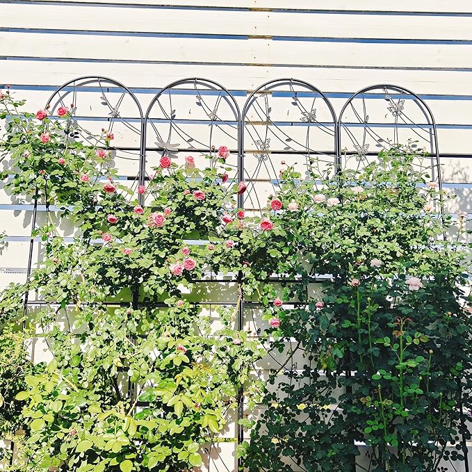 2/4 Pack Metal Garden Trellis for Climbing Plants Outdoor Flower Support Black with Dragonfly Deco Plant Support for Garden Patio Practical(4 Pack-H86'')