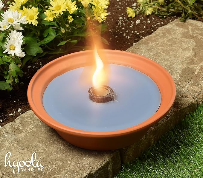 Hyoola 5 Hour Outdoor Firebowl Candle - Unscented Large Flame Wick in Terra Cotta Bowl - Insect and Mosquito Repellent Effect - for Table Patio Yard Camping Outdoors - Blue.