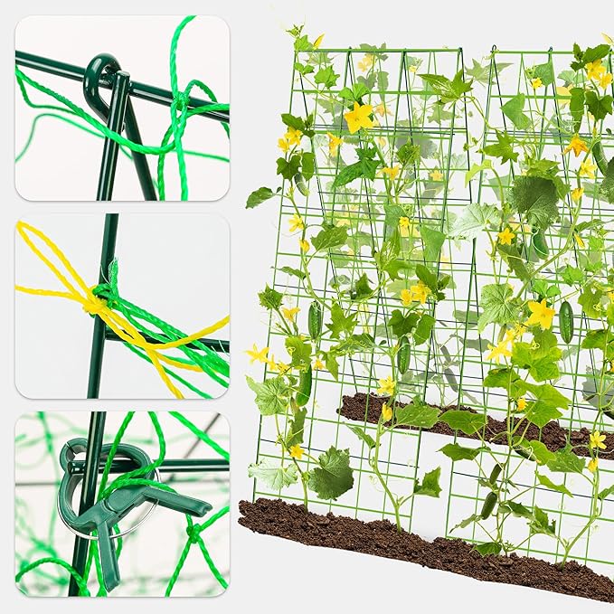 Pack 2 Heavy Metal Garden Trellis for Climbing Plants with Trellis Netting &amp Garden Clips A-Frame Cucumber Trellis for Raised Bed