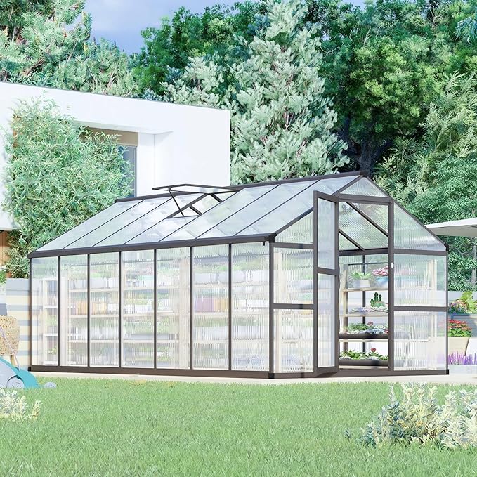 8x14 FT Greenhouse for Outdoors Polycarbonate Greenhouse with Quick Setup Structure and Roof Vent Aluminum Large Walk-in Green House for Outside Garden Backyard Dark Gray
