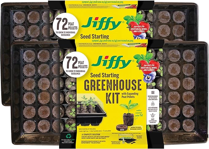 Jiffy Plant Germination Tray Kit - 72 Cell Seedling Starter Trays SUPERthrive Labels - 2 Pack 144 Pellets Total - Plastic