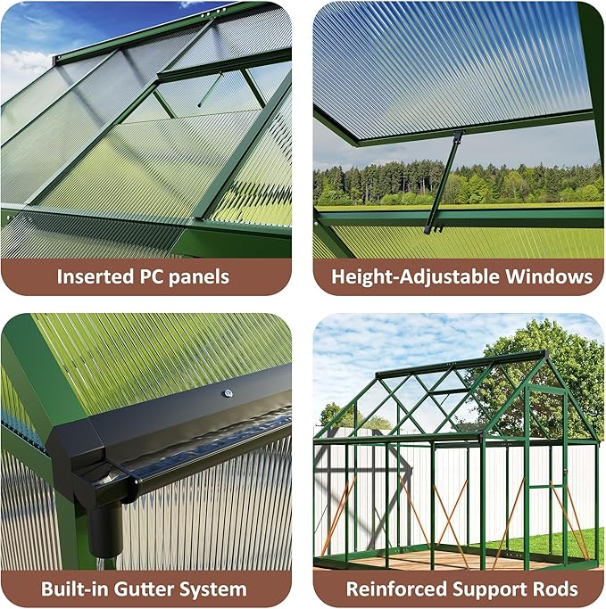 8×12 FT Walk-in Greenhouse for Outdoors Polycarbonate Greenhouse Kit with Roof Vent Large Heavy Duty Green Houses for Outside Backyard Patio Garden Green