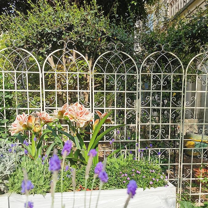 4 Pack Metal Garden Trellis 86.7 White Fence Rustproof Garden Trellis for Climbing Plants Support Roses Flower Outdoor Lawn Cream White