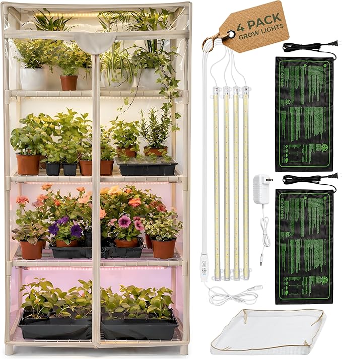 Carpathen Indoor Greenhouse with Grow Light - 4 Tiers 27.2L x 19.3W x 54H with 2 Heat Mats and 4 Dimmable 15W Full Spectrum LED Light Strips w Spectrum Control - Mini Greenhouse with Zip PVC Cover