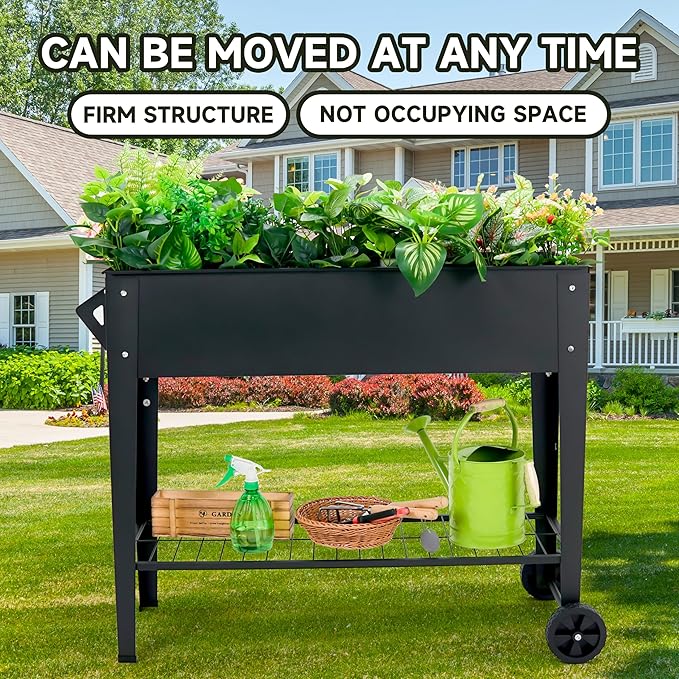 Raised Garden Bed with Legs and Wheels Removable for Outdoor 31.6 * 14.6'' Metal Planter Raised Box for Growing Vegetables Herb Flower in Patio(Black)