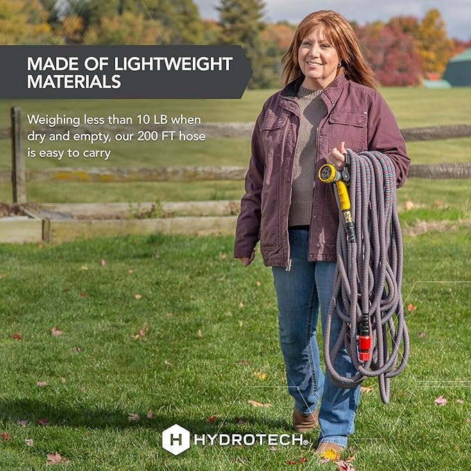 HydroTech 5/8 200 ft Expandable Garden Hose - Flexible Lightweight Durable and Burst-Proof Hose with Reinforced Latex Core and Solid Brass Fittings - Great for Lawn Care Garden and Car Washing