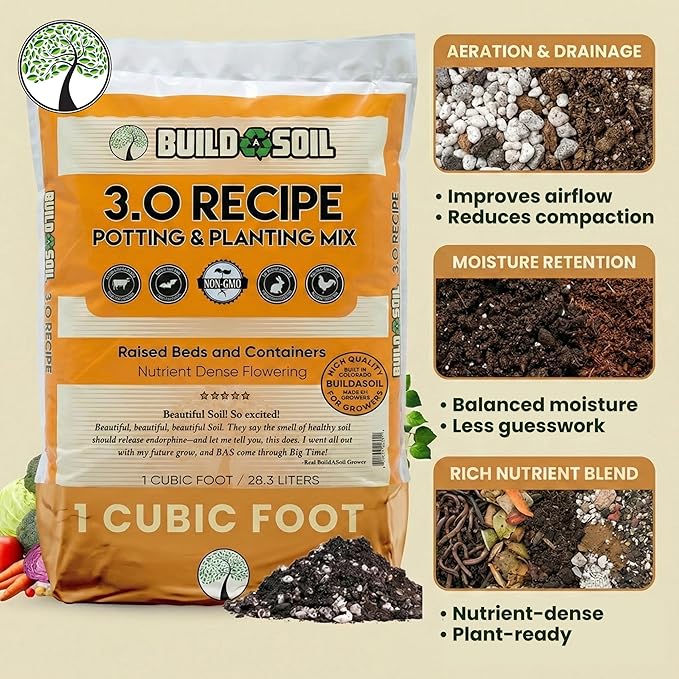 BuildASoil Potting Soil Recipe 3.0 - Organic Living Potting Soil Mix for Indoor and Outdoor Plants Water-Only Formula Well-Draining Indoor Garden Dirt for Full Growth Cycle - 35 lbs