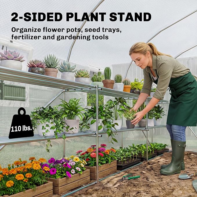 Outsunny 10'x11'x6' Walk-in Tunnel Greenhouse with Shelves Mesh Door and Windows Plant Hot House with PE Cover Outdoor Green House for Patio Lawn Garden White