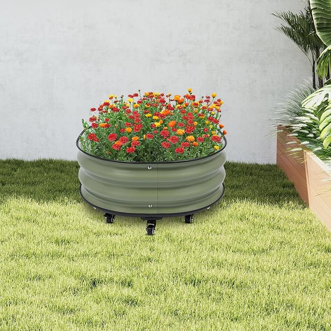 Raised Garden Bed Kits Green Metal Modular Raised Planter Box with 9*Wheels &amp Brakes &amp Gloves Outdoor Round Planter Box for Vegetables Fruits Flowers Herbs 23.62 * 11.81 inch