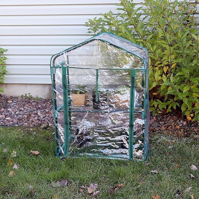 Sunnydaze Outdoor Portable 2-Tier Mini Greenhouse with Roll-up Zippered Door and Steel Wire Shelves - Clear