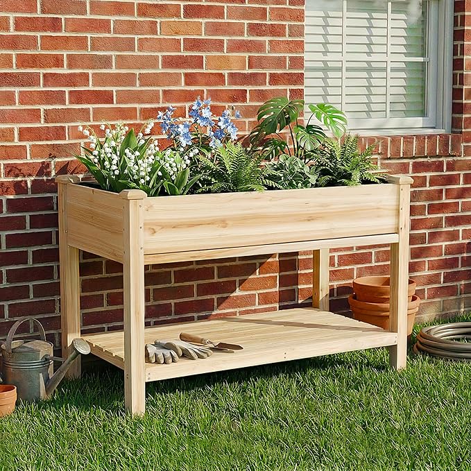 48 x 23 x 31 Inches Raised Garden Bed with Legs Elevated Wooden Planter Box for Outdoor Plants with Water Collection Tray Storage Shelf Protective Liner Natural