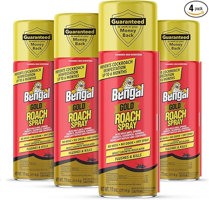 Bengal Gold Roach Spray - Odorless Stain-Free Bug Spray for Home - Prevents Reinfestation for Up to 6 Months - 11 oz 4 Pack