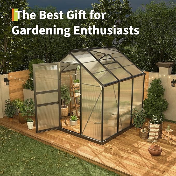 6×6FT Polycarbonate Greenhouse for Outdoors Large Walk in Green House Kit and Winter Garden Planting Enhanced Aluminum Green Houses for Outside to Protect Vegetables or Plants