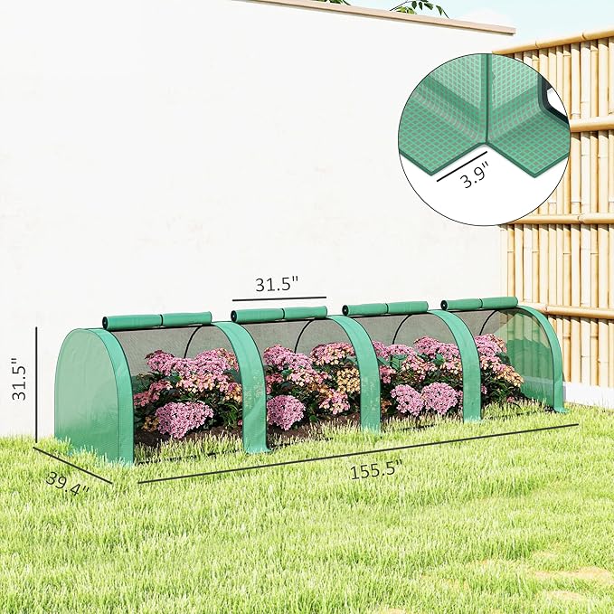 Outsunny 13' x 3' x 2.5' Mini Greenhouse Portable Tunnel Green House with Roll-Up Zippered Doors UV Waterproof PE Cover Steel Frame Green