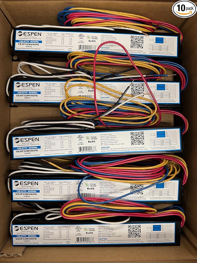 10 Pieces ESPEN Technology 11072 VE4P32MVHIPE 4 Lamps 120-277V Instant Start Electronic Ballast 9.5 x 1.3 x 1