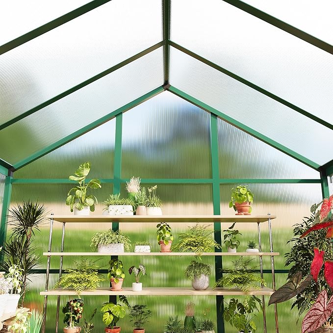 8X10FT Outdoor Greenhouse Aluminum Polycarbonate House Green Houses for Outside with Sliding Doors Ajustable Roof Vent Withstands Bad Weather for Garden or Backyard Green