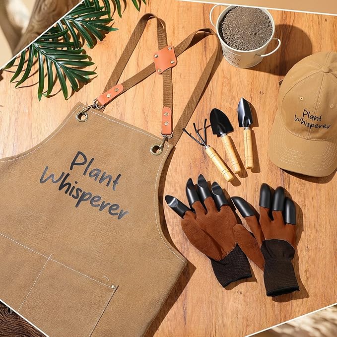 Tarpop Garden Tool Set Christmas Plant Whisperer Gardening Gifts for Women 7 Pcs Vegetable Planting Tool Kit Cap Canvas Apron Gloves Soil Scoop Transplant Trowel Cultivator Flower Tub(Brown)
